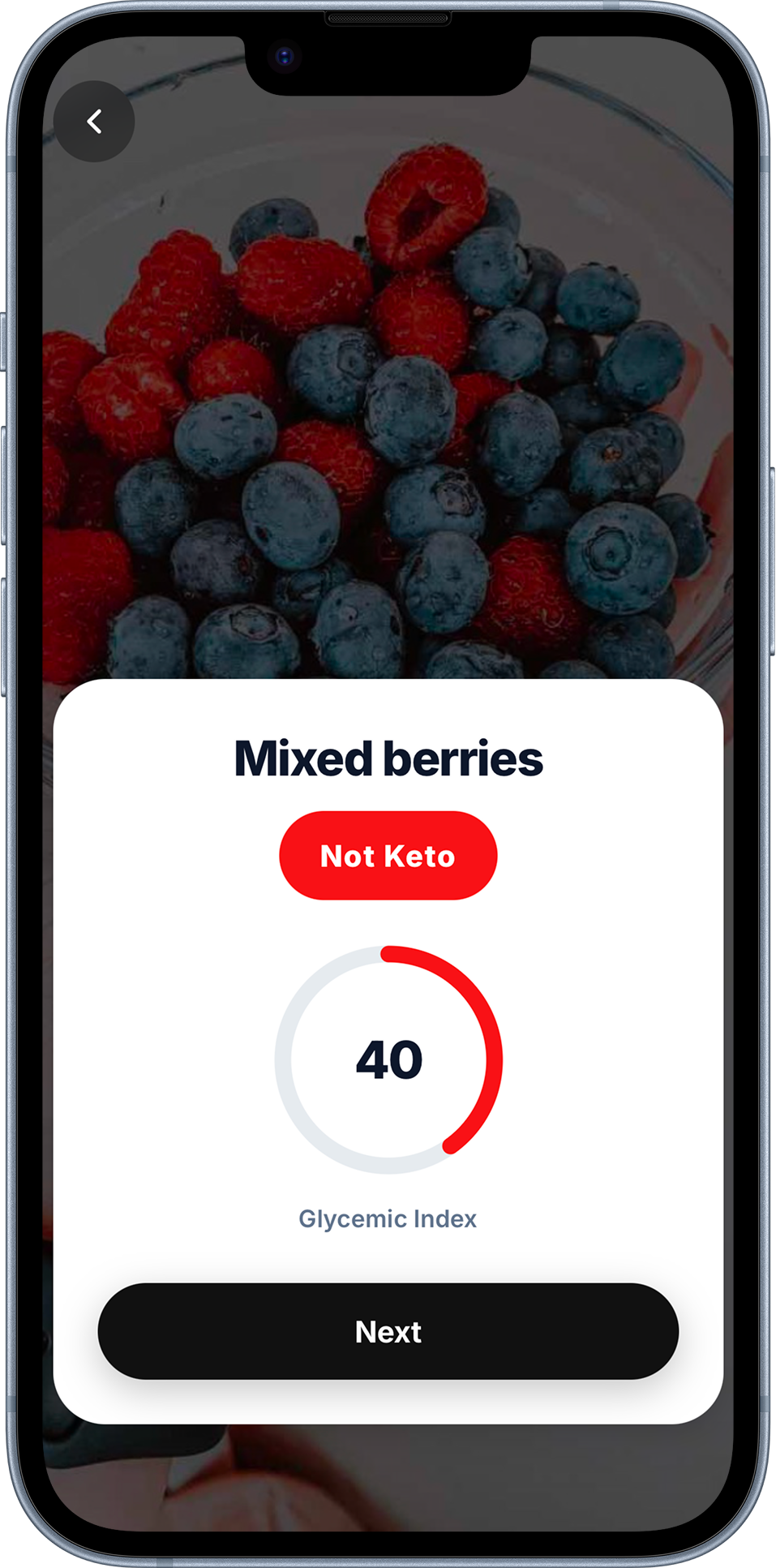 Result screen — mixed berries, Not Keto, glycemic index 40